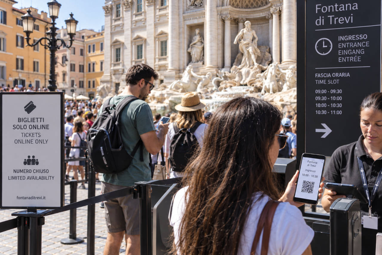 Turisti alla Fontana di Trevi con accesso regolato tramite biglietti digitali