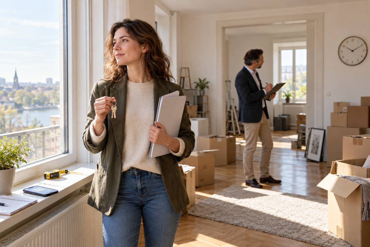 Proprietaria visita un appartamento con le chiavi in mano mentre un professionista effettua un sopralluogo tecnico, rappresentando la vendita immobiliare senza agenzia e la valutazione diretta dell’immobile.