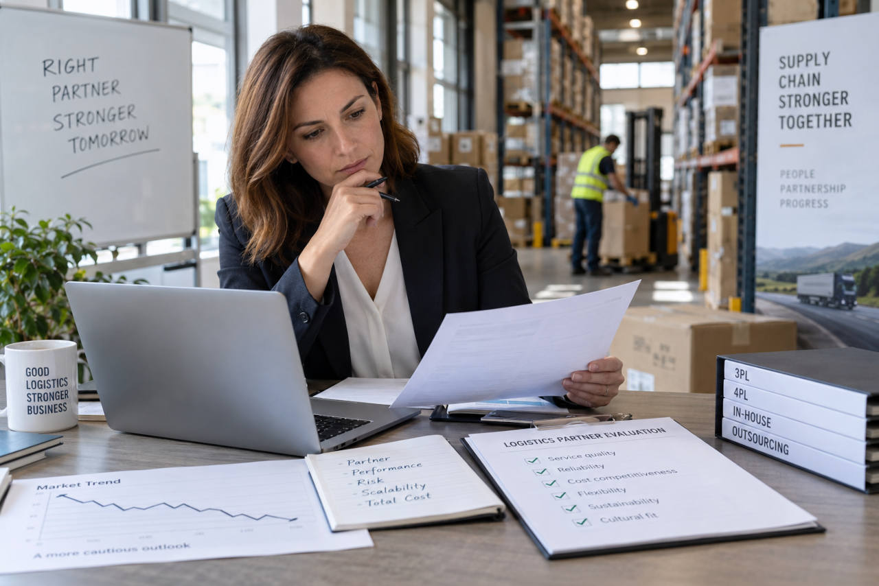 Responsabile aziendale valuta documenti e dati sulla logistica in outsourcing all’interno di un magazzino