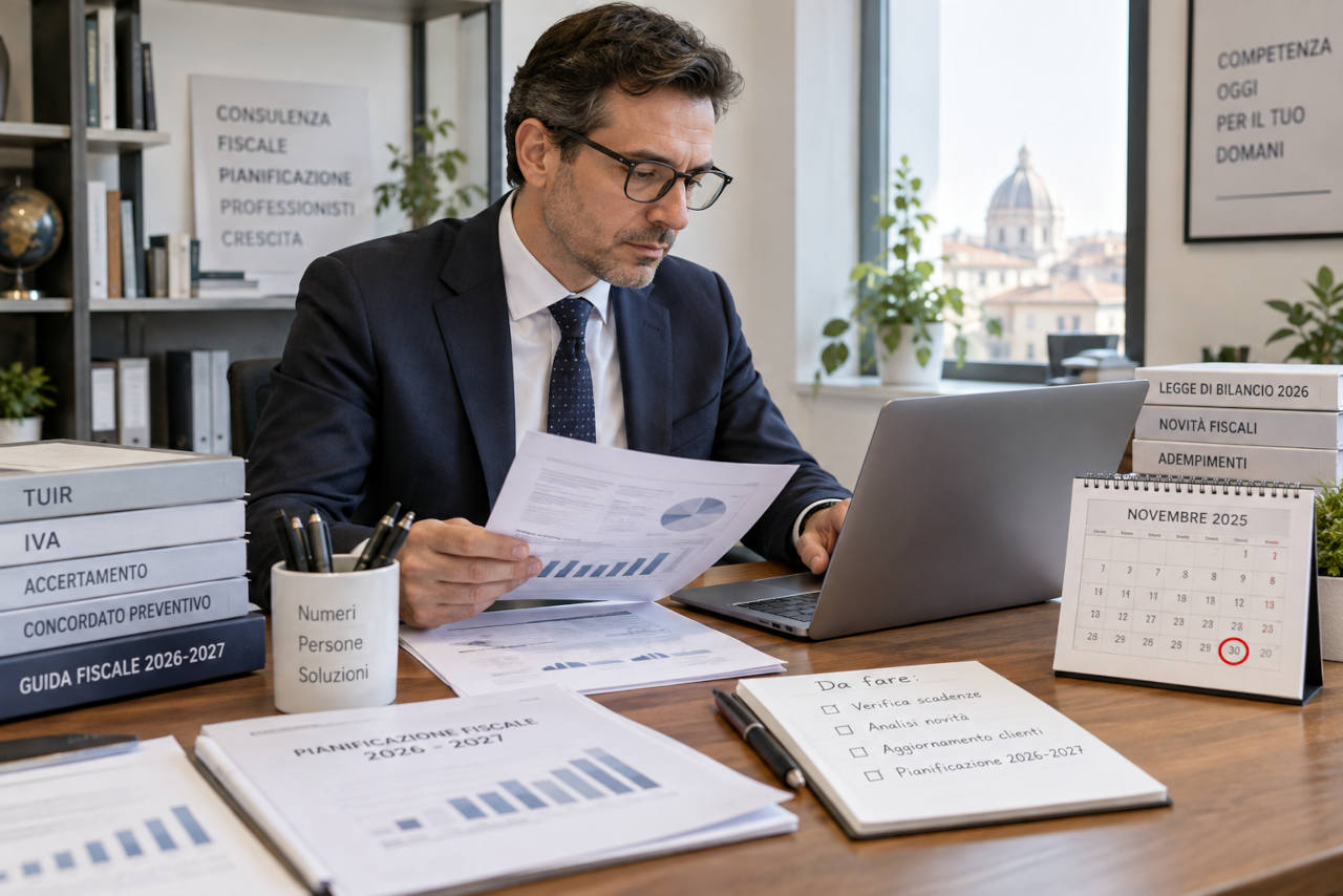 Professionista in ufficio mentre consulta documenti fiscali, laptop e calendario con scadenze, immagine che richiama il concordato preventivo biennale 2026-2027 per i professionisti.