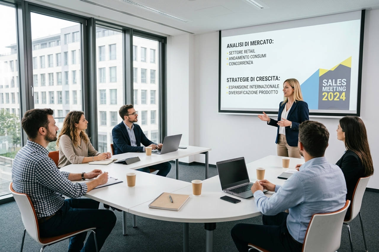 Formatore che tiene un corso sul lavoro a un gruppo di dipendenti in aula